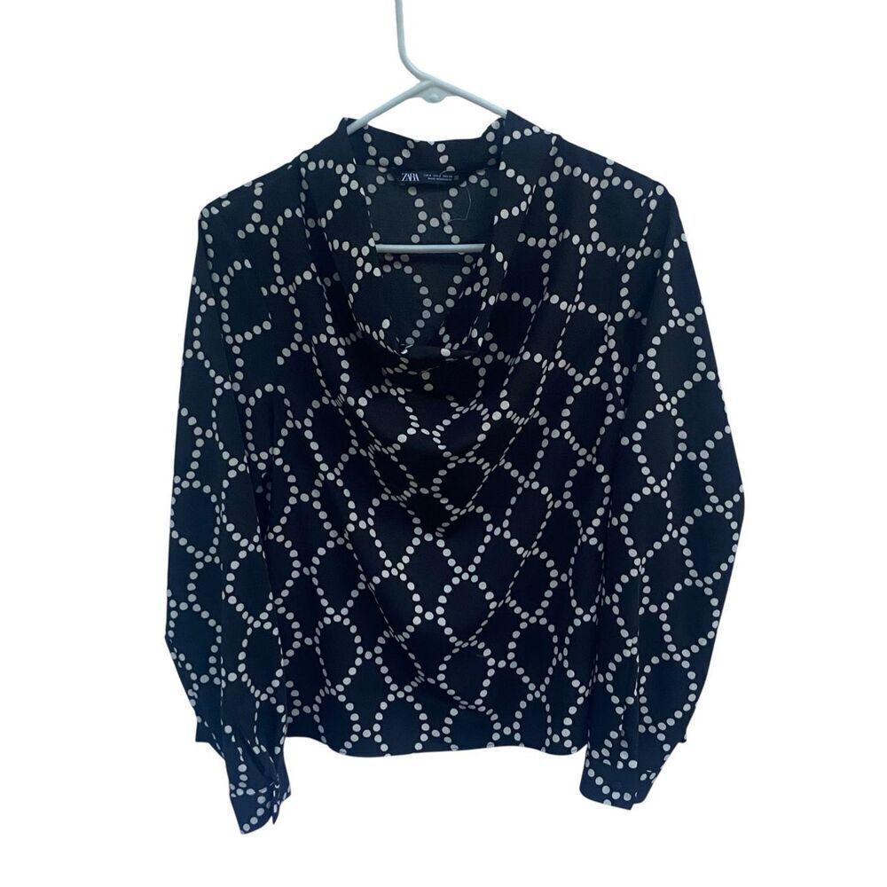 ZARA Black White Polka Dot Draped Cowl Neck Long Sleeve Blouse Size Small Classi
